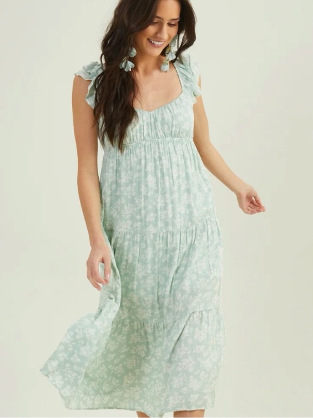 Altar’d State Green Floral Ruffle Strap Midi Dress Medium